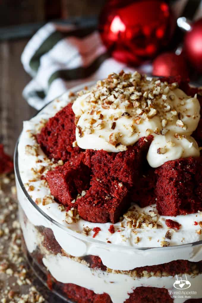 Red Velvet Cake Trifle with Cream Cheese Mascarpone Frosting, Marshmallow Whipped Cream, and Pecans | sharedappetite.com