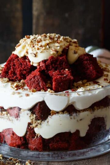 Red Velvet Cake Trifle with Cream Cheese Mascarpone Frosting, Marshmallow Whipped Cream, and Pecans | sharedappetite.com