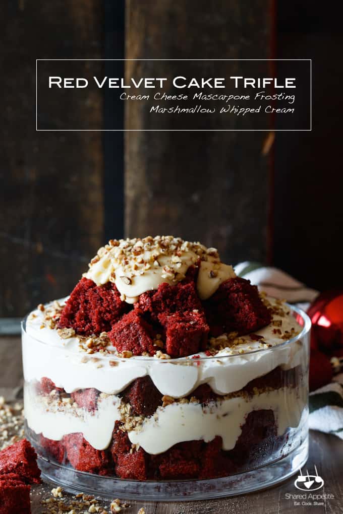 Red Velvet Cake Trifle with Cream Cheese Mascarpone Frosting, Marshmallow Whipped Cream, and Pecans | sharedappetite.com