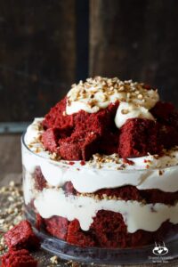 Red Velvet Cake Trifle with Cream Cheese Mascarpone Frosting, Marshmallow Whipped Cream, and Pecans | sharedappetite.com