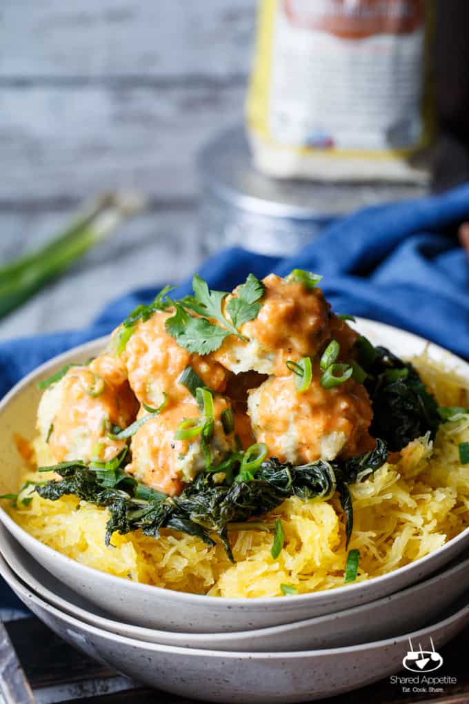 Gluten Free Curried Chicken Scallion Meatballs with Lemon Ginger Red Curry Sauce | sharedappetite.com