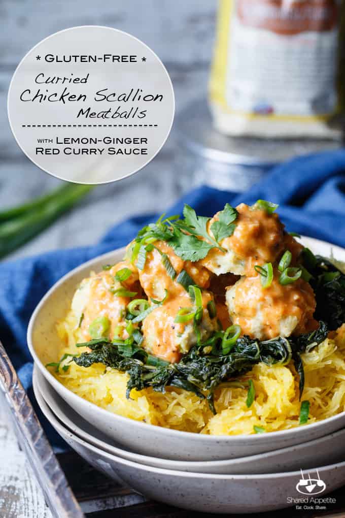 Gluten Free Curried Chicken Scallion Meatballs with Lemon Ginger Red Curry Sauce | sharedappetite.com
