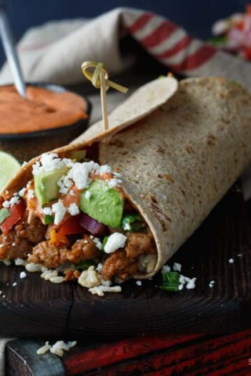 Healthy Korean Pork Burritos with Kimchi, Avocado, and Gochujang Aioli | sharedappetite.com
