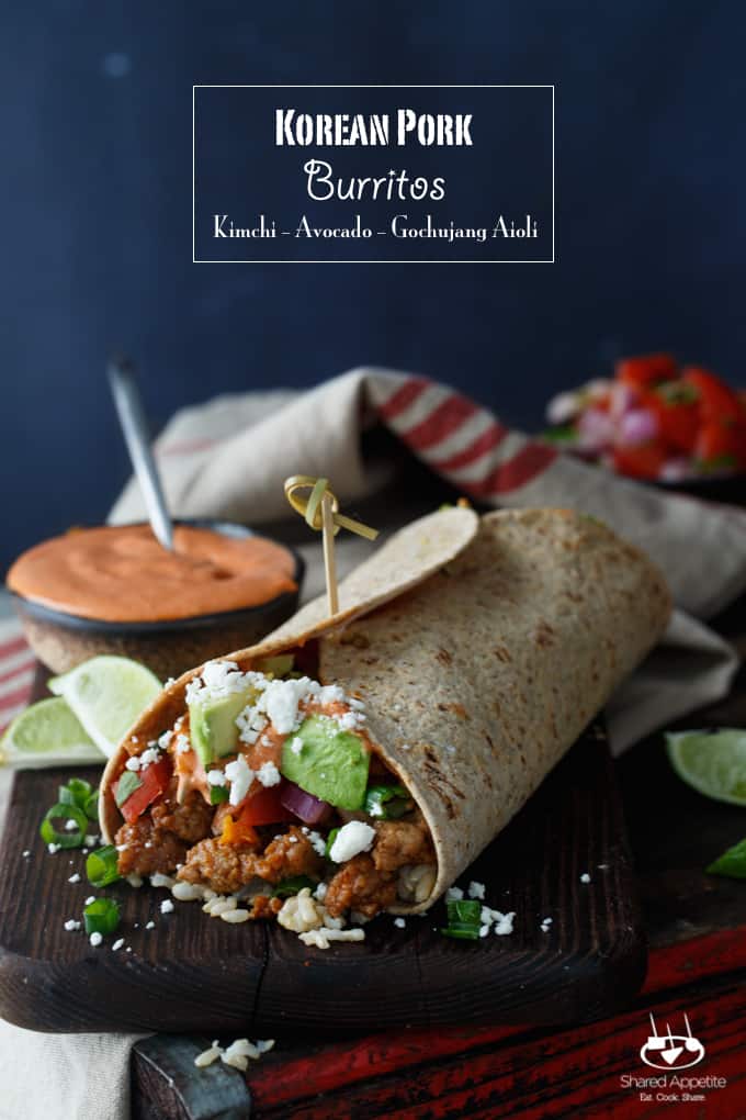 Healthy Korean Pork Burritos with Kimchi, Avocado, and Gochujang Aioli | sharedappetite.com