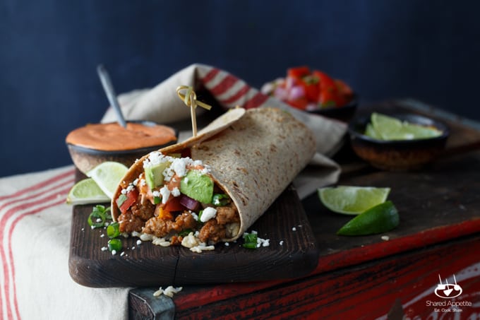 Healthy Korean Pork Burritos with Kimchi, Avocado, and Gochujang Aioli | sharedappetite.com