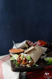 Healthy Korean Pork Burritos with Kimchi, Avocado, and Gochujang Aioli | sharedappetite.com