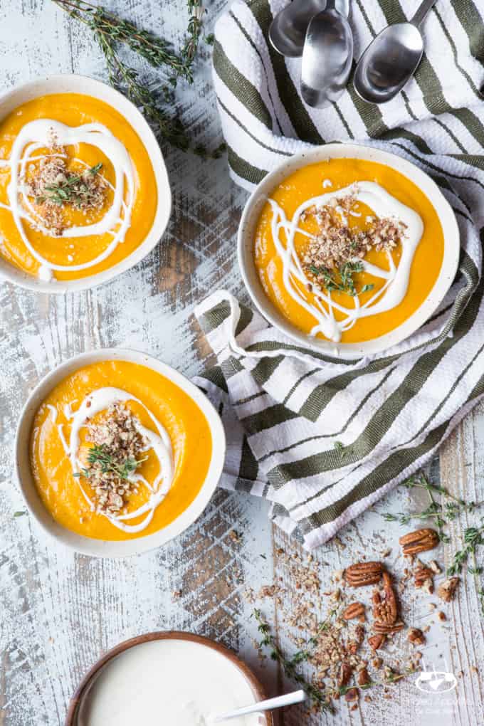 Roasted Butternut Squash and Apple Soup with Thyme, Pecans, and Creme Fraiche | sharedappetite.com