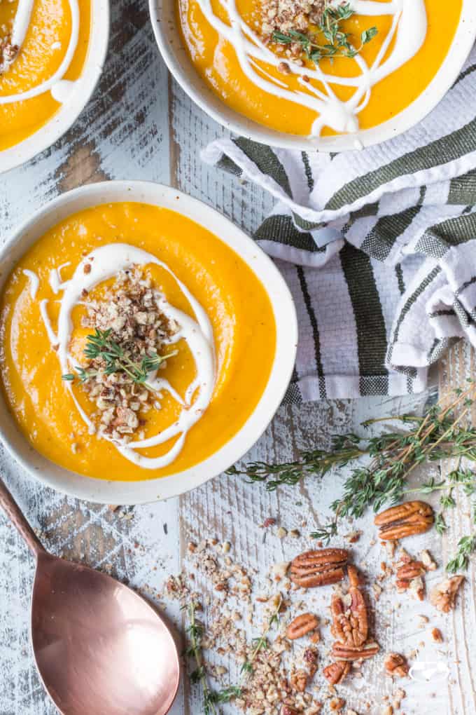 Roasted Butternut Squash and Apple Soup with Thyme, Pecans, and Creme Fraiche | sharedappetite.com