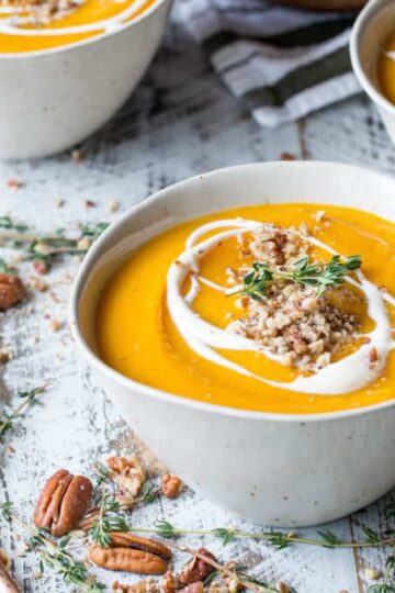 Roasted Butternut Squash and Apple Soup with Thyme, Pecans, and Creme Fraiche | sharedappetite.com