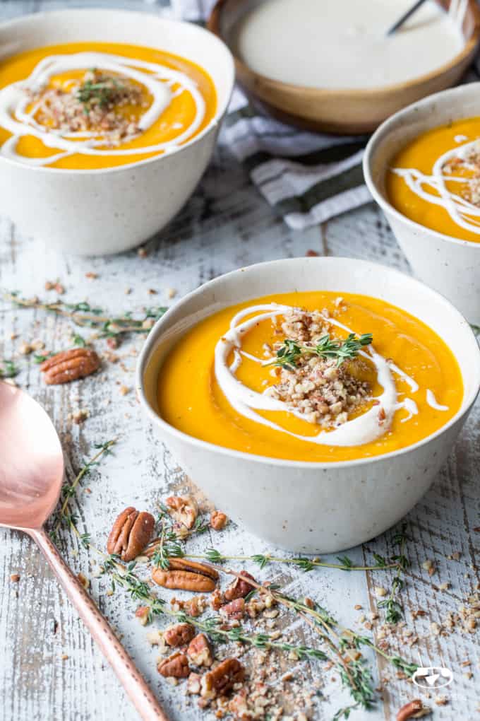 Roasted Butternut Squash and Apple Soup with Thyme, Pecans, and Creme Fraiche | sharedappetite.com