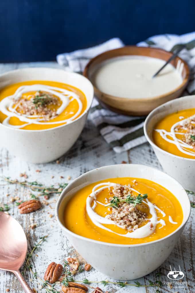 Roasted Butternut Squash and Apple Soup with Thyme, Pecans, and Creme Fraiche | sharedappetite.com