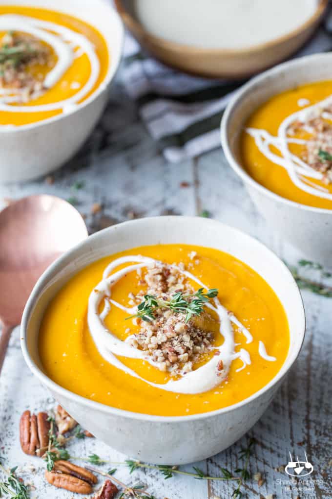 Roasted Butternut Squash and Apple Soup with Thyme, Pecans, and Creme Fraiche | sharedappetite.com