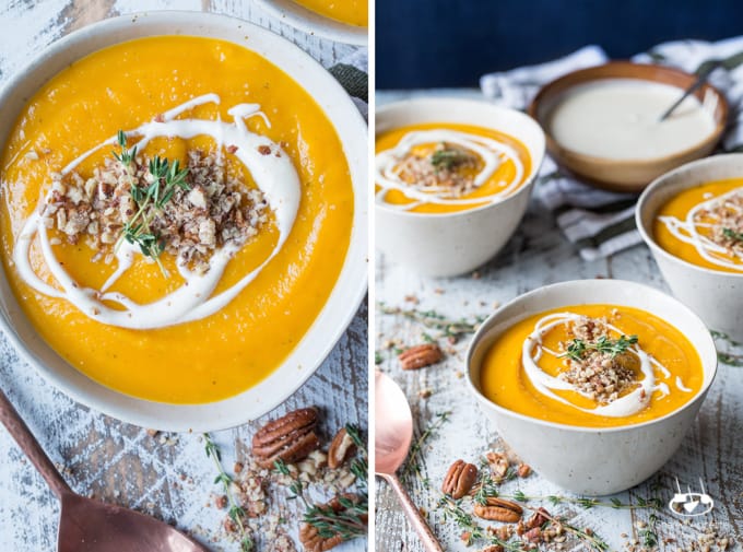 Roasted Butternut Squash and Apple Soup with Thyme, Pecans, and Creme Fraiche | sharedappetite.com