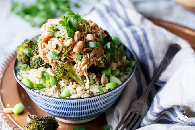 Slow Cooker Thai Peanut Chicken Quinoa Bowls | sharedappetite.com