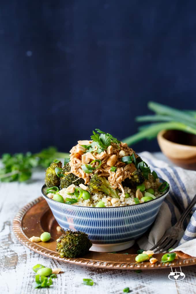 Slow Cooker Thai Peanut Chicken Quinoa Bowls | sharedappetite.com