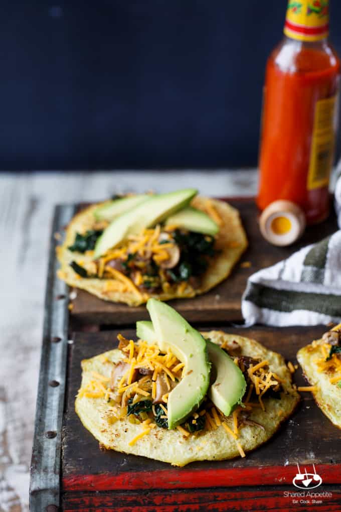 Vegetarian Chipotle Mushroom, Leek, and Kale Tacos on Cauliflower Tortillas | sharedappetite.com