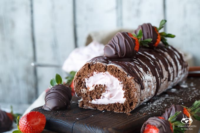 Chocolate Covered Strawberry Cake Roll | sharedappetite.com