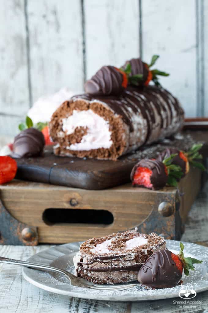 Chocolate Covered Strawberry Cake Roll | sharedappetite.com