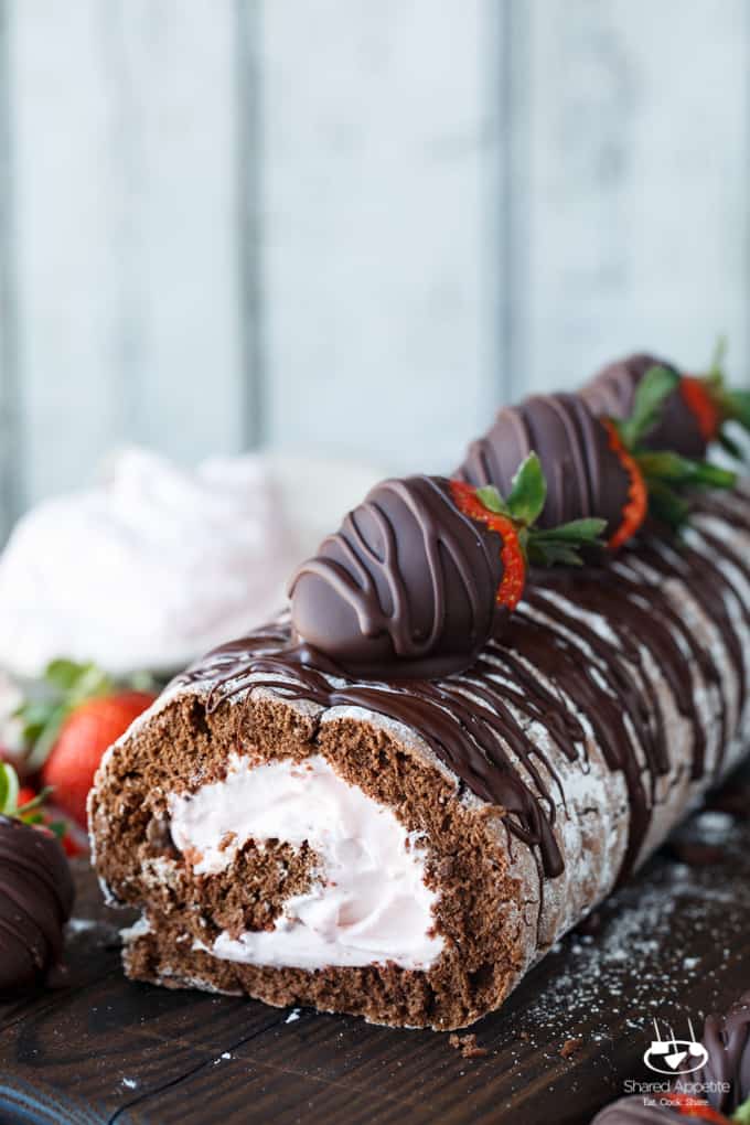 Chocolate Covered Strawberry Cake Roll | sharedappetite.com