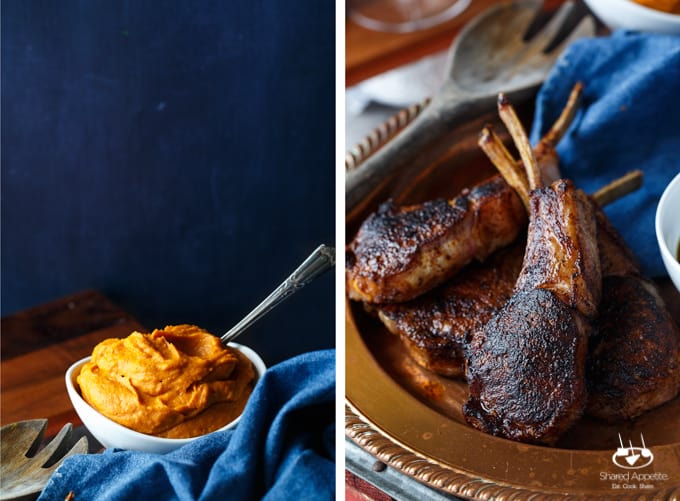 Southwest Ancho Chile Crusted Lamb Chops with Jalapeno Bourbon Sauce and Ancho Sweet Potato Puree | sharedappetite.com