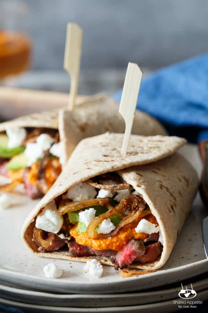 Steak, Romesco, and Goat Cheese Wrap with Avocado and Crispy Shallots | sharedappetite.com