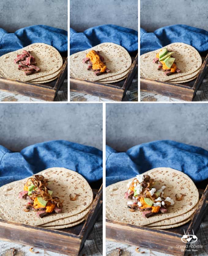 Steak, Romesco, and Goat Cheese Wrap with Avocado and Crispy Shallots | sharedappetite.com