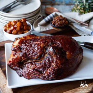 Chipotle Pineapple Bourbon Glazed Ham with Bacon Jam and Ancho Chile Dusted Pineapple | sharedappetite.com A perfect creative twist on holiday dinner. Perfect for a bold Easter menu!