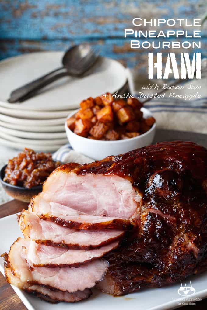 Chipotle Pineapple Bourbon Glazed Ham with Bacon Jam and Ancho Chile Dusted Pineapple | sharedappetite.com A perfect creative twist on holiday dinner. Perfect for a bold Easter menu!