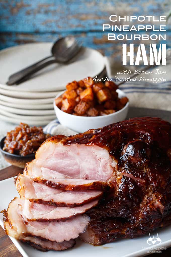 Chipotle Pineapple Bourbon Glazed Ham with Bacon Jam and Ancho Chile Dusted Pineapple | sharedappetite.com A perfect creative twist on holiday dinner. Perfect for a bold Easter menu! 