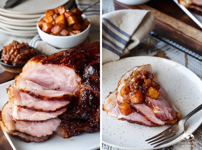 Chipotle Pineapple Bourbon Glazed Ham with Bacon Jam and Ancho Chile Dusted Pineapple | sharedappetite.com A perfect creative twist on holiday dinner. Perfect for a bold Easter menu! 