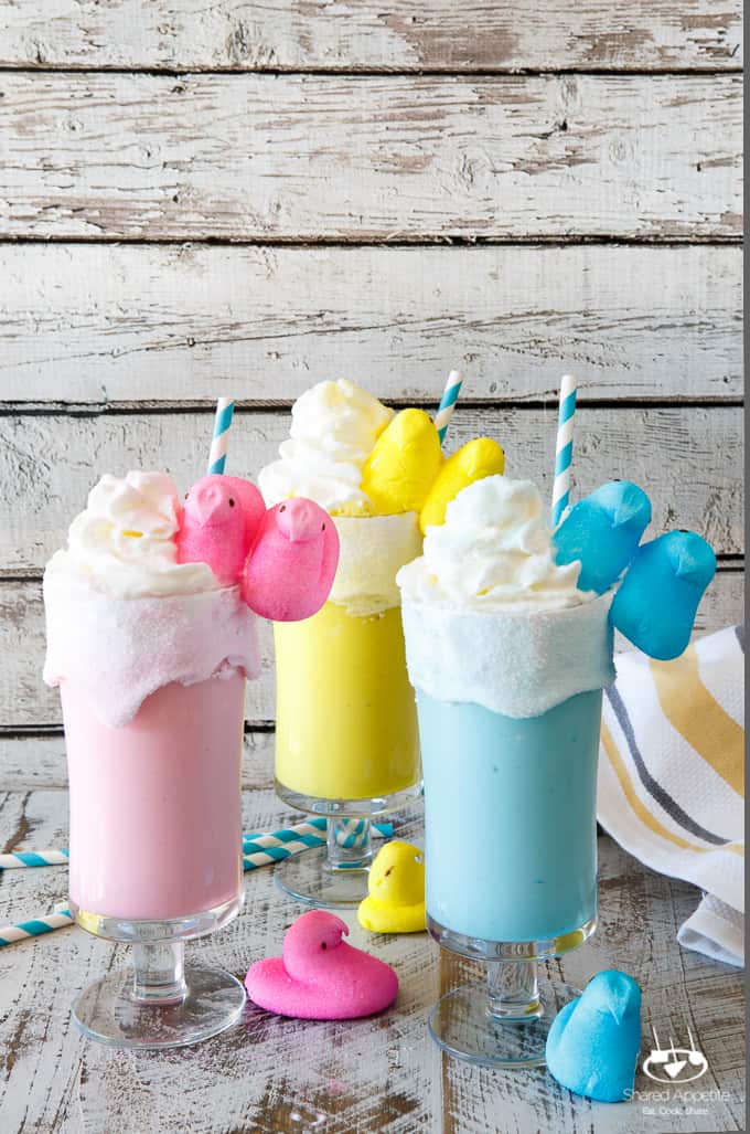 Toasted Marshmallow Easter Peeps Milkshakes | sharedappetite.com A super quick and easy kid-friendly easter dessert recipe!