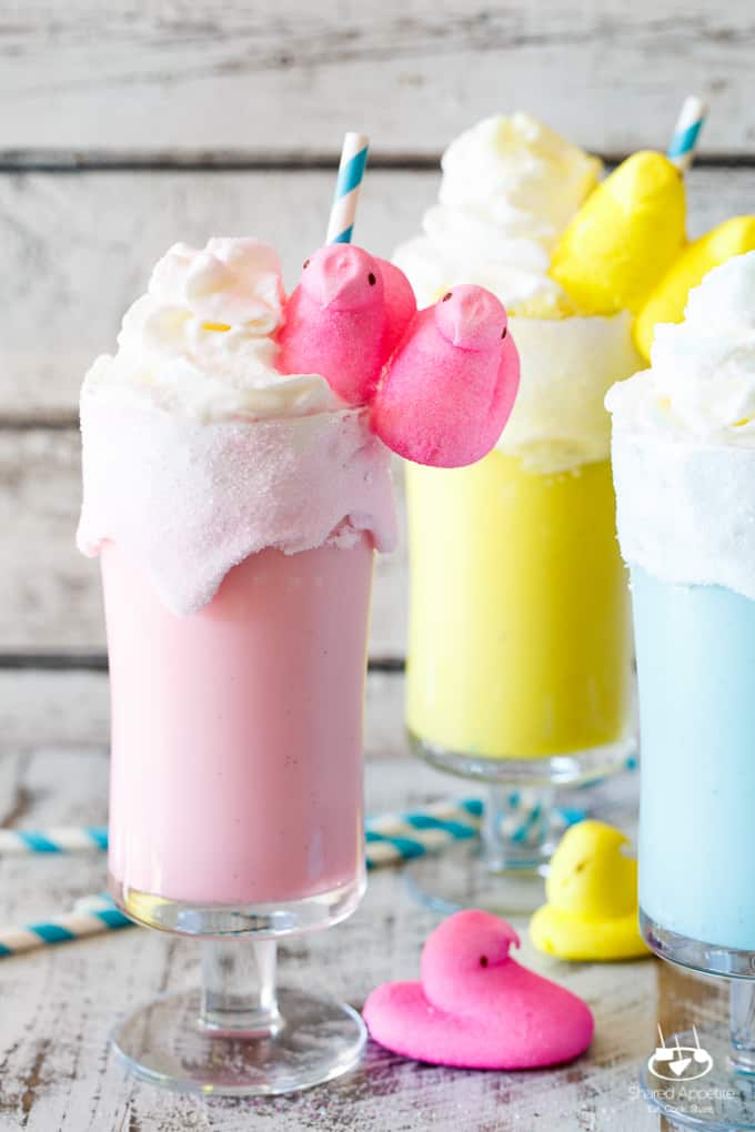 Toasted Marshmallow Easter Peeps Milkshakes | sharedappetite.com A super quick and easy kid-friendly easter dessert recipe!