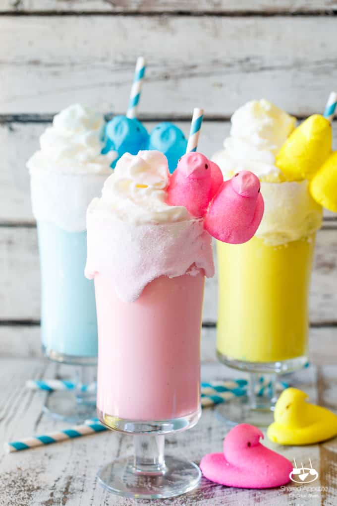 Toasted Marshmallow Easter Peeps Milkshakes | sharedappetite.com A super quick and easy kid-friendly easter dessert recipe!