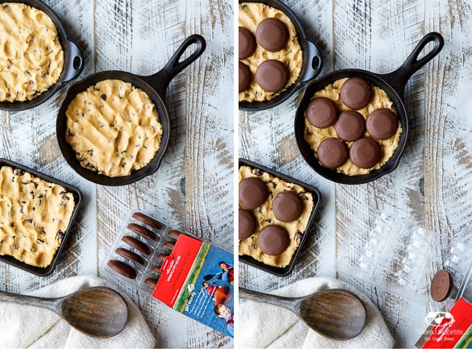 Skillet Chocolate Peanut Butter Cookie Tagalong Brownie Sundaes | sharedappetite.com A great way to feature those girl scout cookies in an epic dessert mashup of half cookie, half brownie goodness!