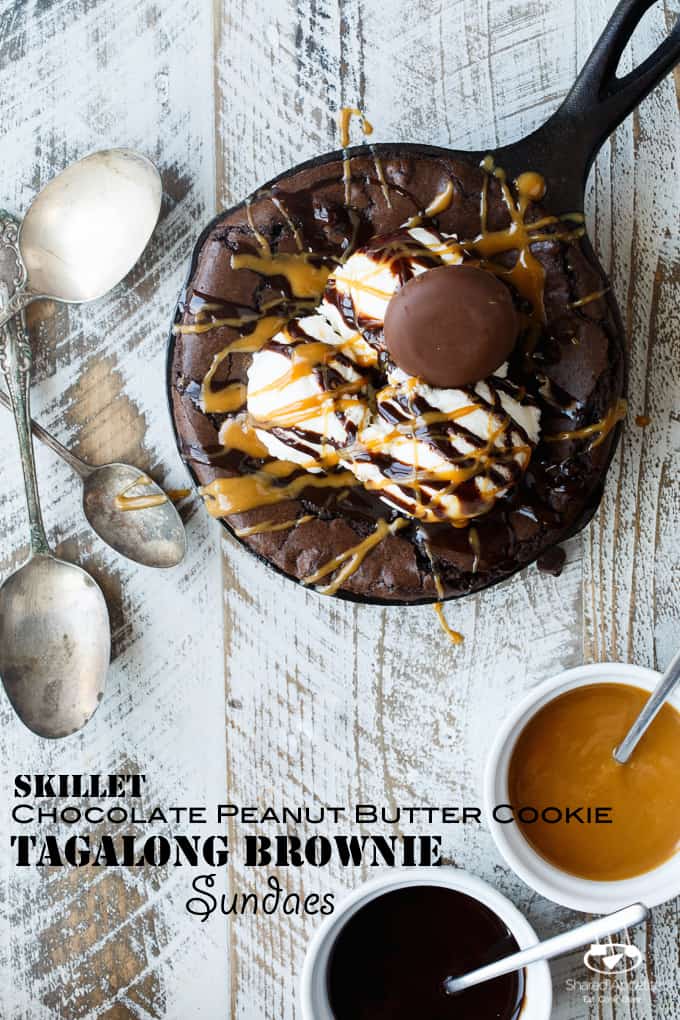 Skillet Chocolate Peanut Butter Cookie Tagalong Brownie Sundaes | sharedappetite.com A great way to feature those girl scout cookies in an epic dessert mashup of half cookie, half brownie goodness!