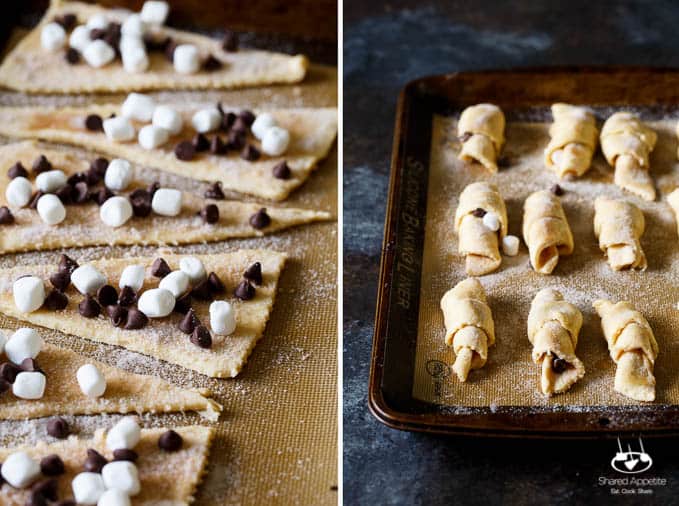 Baked S'mores Churro Bites | sharedappetite.com Ready within 15 minutes, these cinnamon sugar crescent rolls are stuffed with mini marshmallows and chocolate chips!