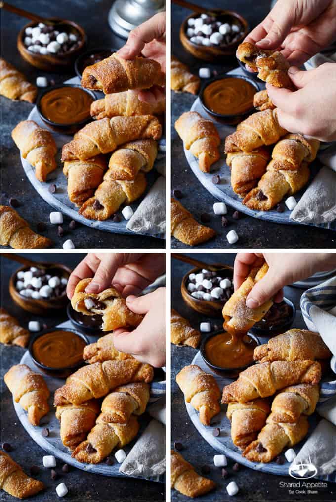 Baked S'mores Churro Bites | sharedappetite.com Ready within 15 minutes, these cinnamon sugar crescent rolls are stuffed with mini marshmallows and chocolate chips!