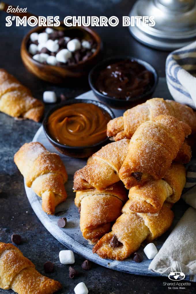Baked S'mores Churro Bites | sharedappetite.com Ready within 15 minutes, these cinnamon sugar crescent rolls are stuffed with mini marshmallows and chocolate chips!
