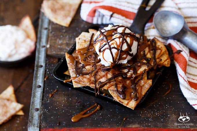 Churros Dessert Nachos with Mexican Hot Fudge and Dulce De Leche | sharedappetite.com