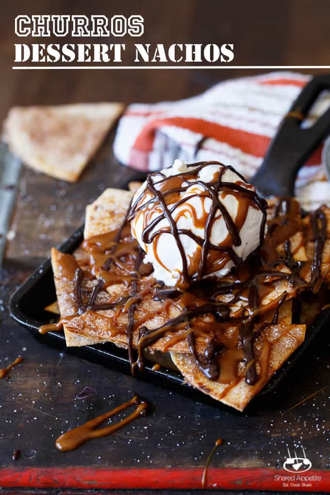 Churros Dessert Nachos with Mexican Hot Fudge and Dulce De Leche | sharedappetite.com