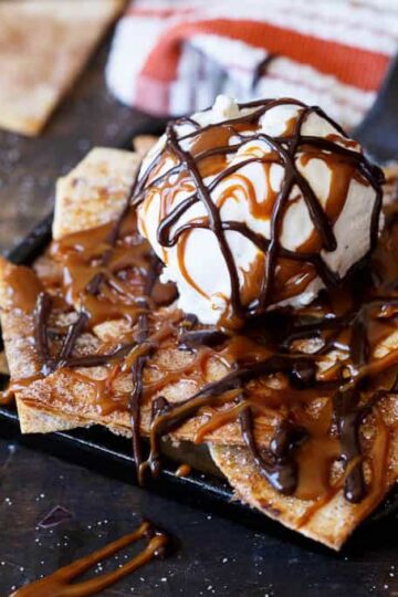 Churros Dessert Nachos with Mexican Hot Fudge and Dulce De Leche | sharedappetite.com