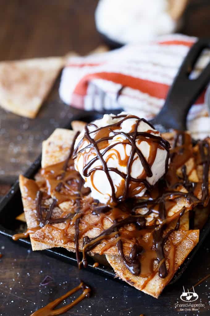 Churros Dessert Nachos with Mexican Hot Fudge and Dulce De Leche | sharedappetite.com