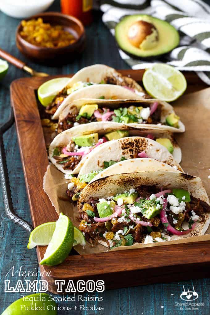 Mexican Lamb Tacos with Tequila Soaked Raisins and Pepitas