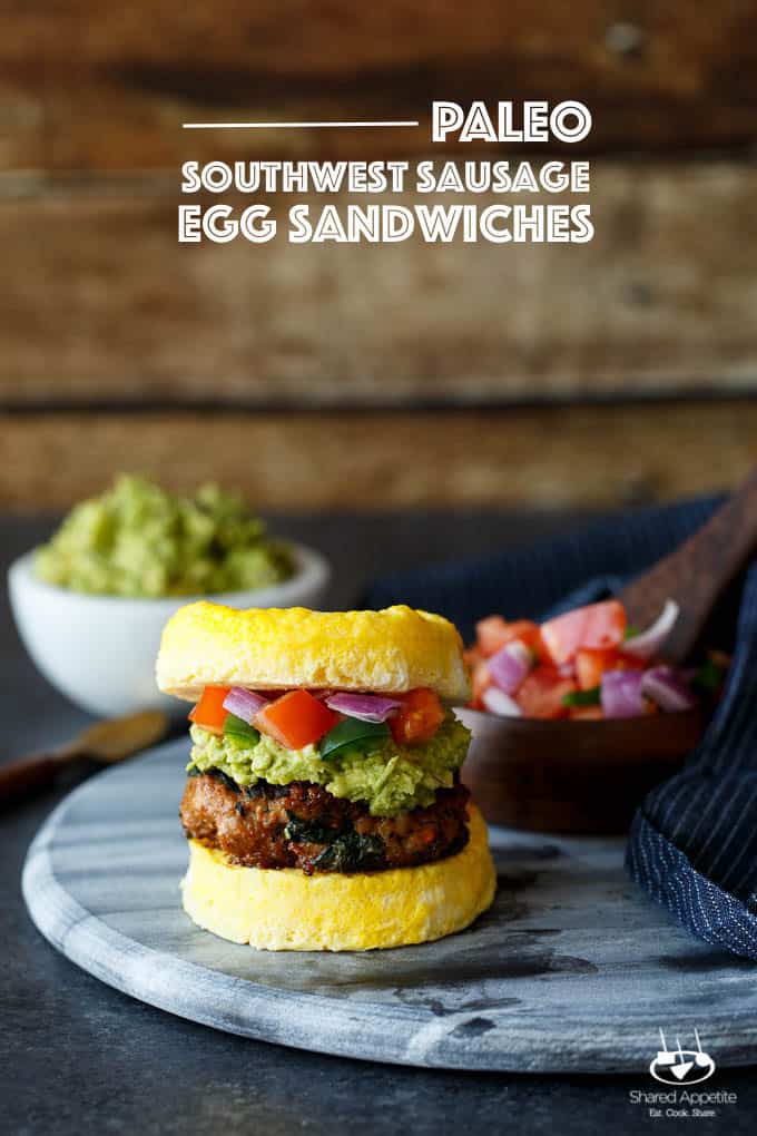 Paleo Southwest Sausage Egg Sandwiches. A healthy Mexican breakfast, using scrambled eggs in place of the bun! Topped with guacamole and pico de gallo, too!