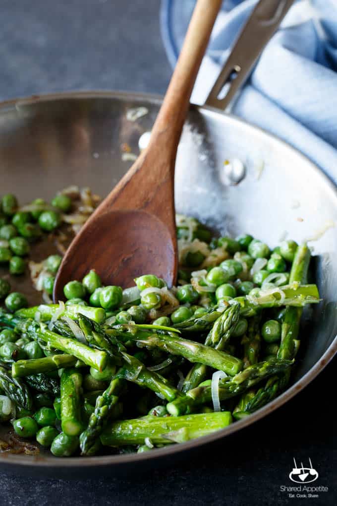 Gluten Free Spring Pea and Asparagus Brown Rice Salad with freshly shaved Parmigiana Reggiano and a bright Lemon Vinaigrette | sharedappetite.com A perfect light and fresh vegetarian meal that's portable and great hot or cold!