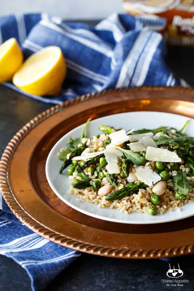 Gluten Free Spring Pea and Asparagus Brown Rice Salad with freshly shaved Parmigiana Reggiano and a bright Lemon Vinaigrette | sharedappetite.com A perfect light and fresh vegetarian meal that's portable and great hot or cold!