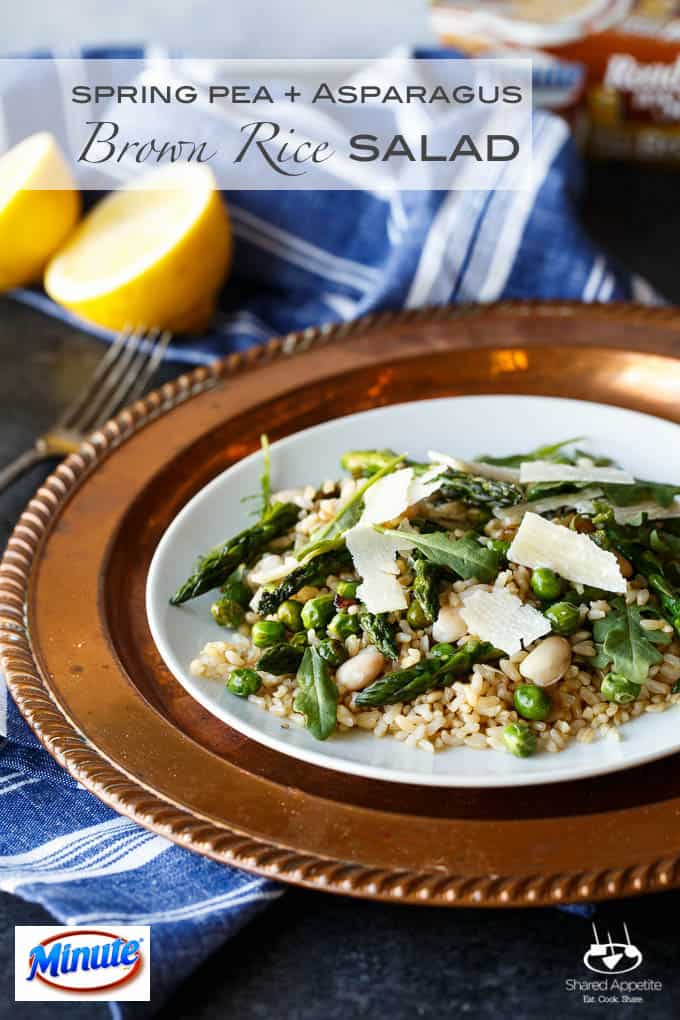 Gluten Free Spring Pea and Asparagus Brown Rice Salad with freshly shaved Parmigiana Reggiano and a bright Lemon Vinaigrette | sharedappetite.com A perfect light and fresh vegetarian meal that's portable and great hot or cold!