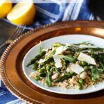 Gluten Free Spring Pea and Asparagus Brown Rice Salad with freshly shaved Parmigiana Reggiano and a bright Lemon Vinaigrette | sharedappetite.com A perfect light and fresh vegetarian meal that's portable and great hot or cold!