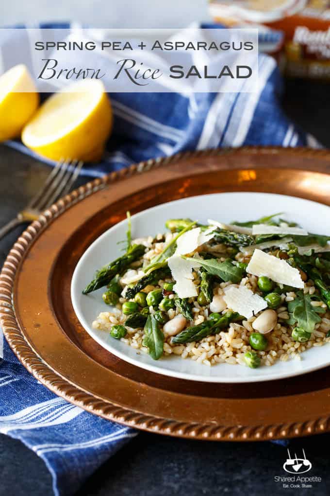 Gluten Free Spring Pea and Asparagus Brown Rice Salad with freshly shaved Parmigiana Reggiano and a bright Lemon Vinaigrette | sharedappetite.com A perfect light and fresh vegetarian meal that's portable and great hot or cold!