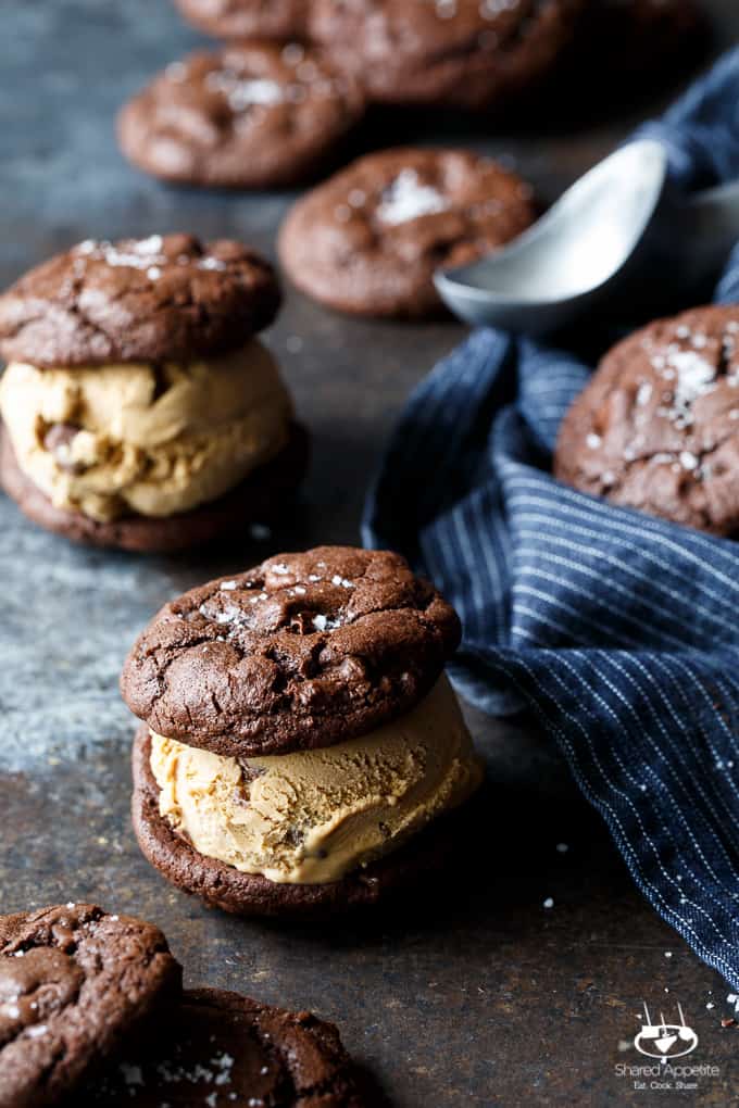 Gluten Free Salted Caramel Brownie Cookie Ice Cream Sandwiches | sharedappetite.com